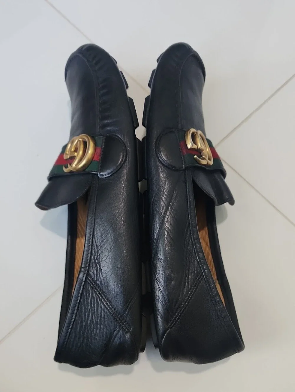Gucci Black Leather Loafers with Green and Red Web & Gold Double G